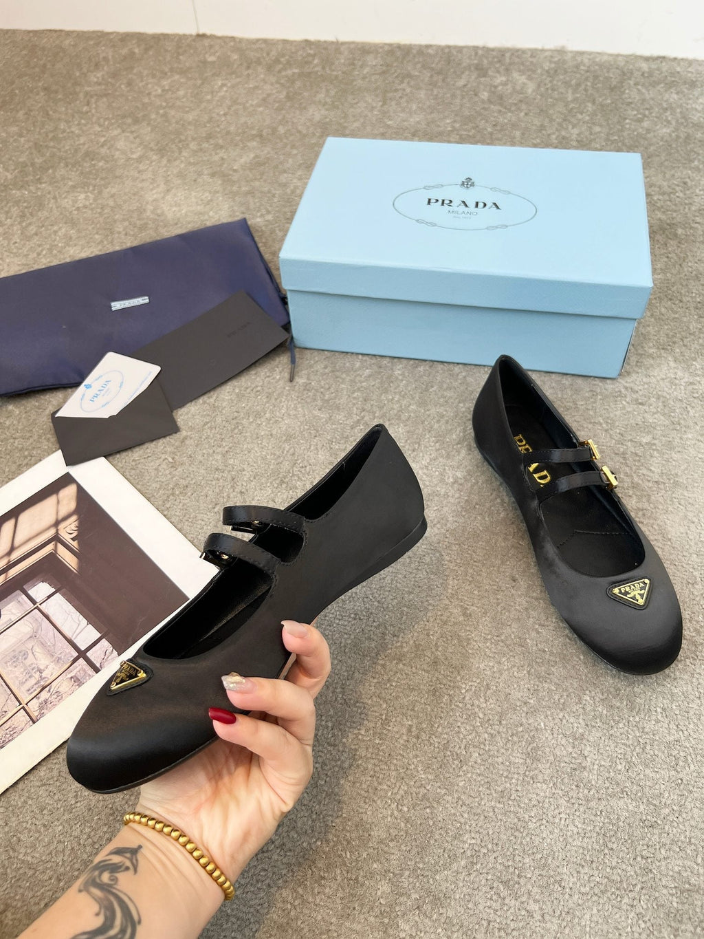 Prada 25th Double Strap Ballet Flats Black Satin 564124