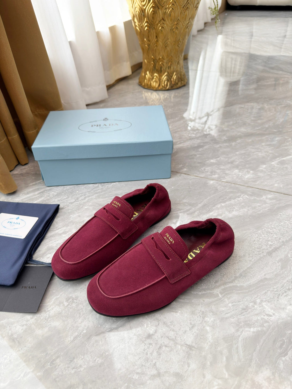 Prada 25SS Casual Elastic Loafers Wine Red Suede 564180