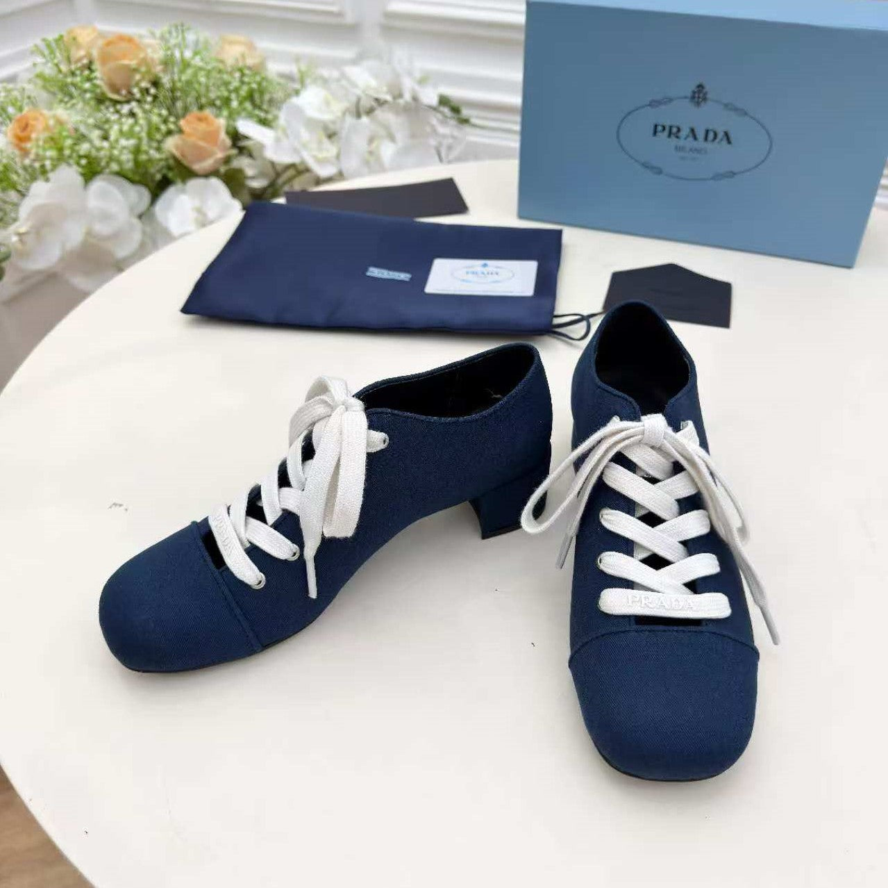 Prada 25 Mary Jane Shoes 55mm Dark Blue Fabric 564184