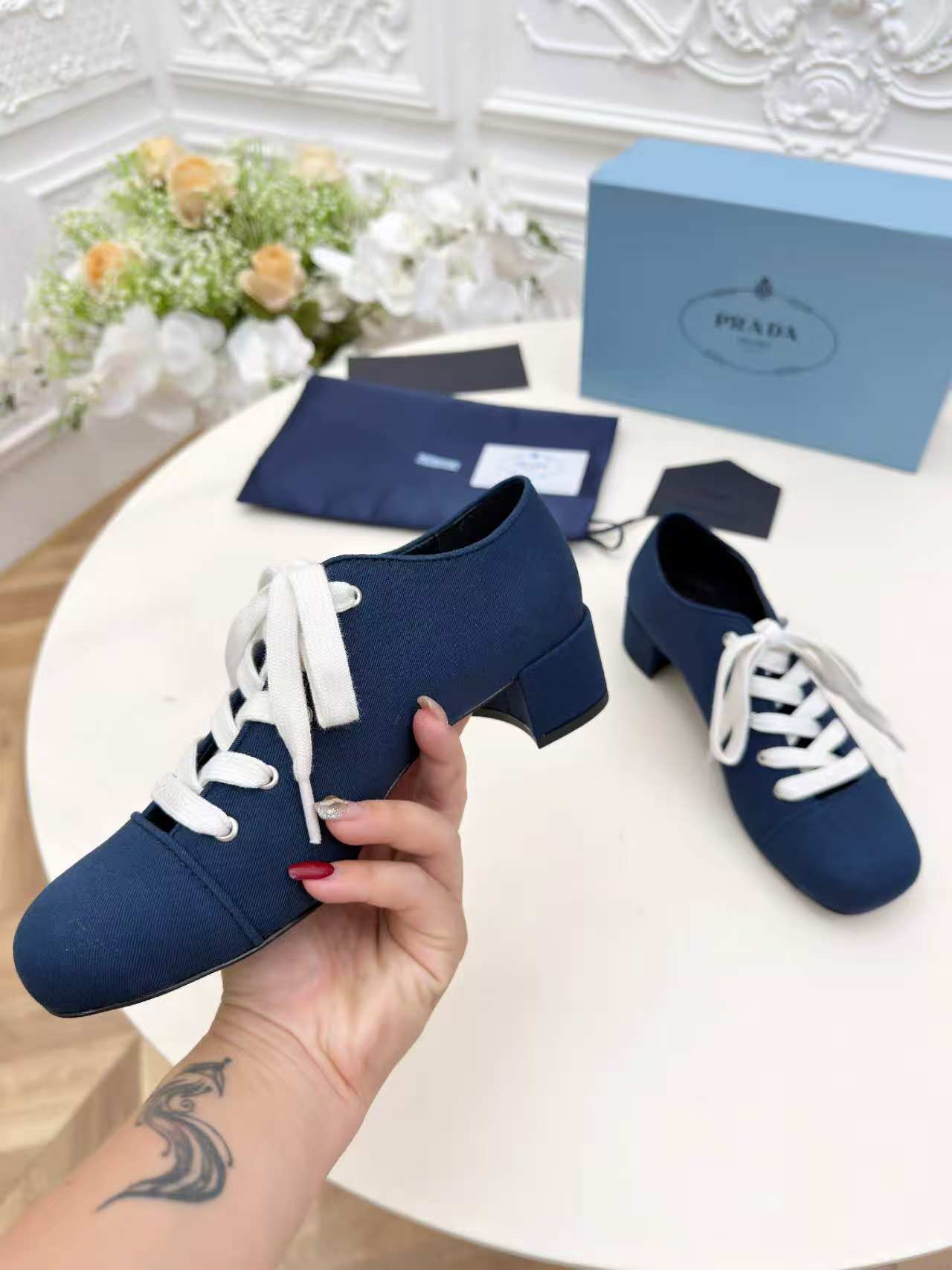 Prada 25 Mary Jane Shoes 55mm Dark Blue Fabric 564184