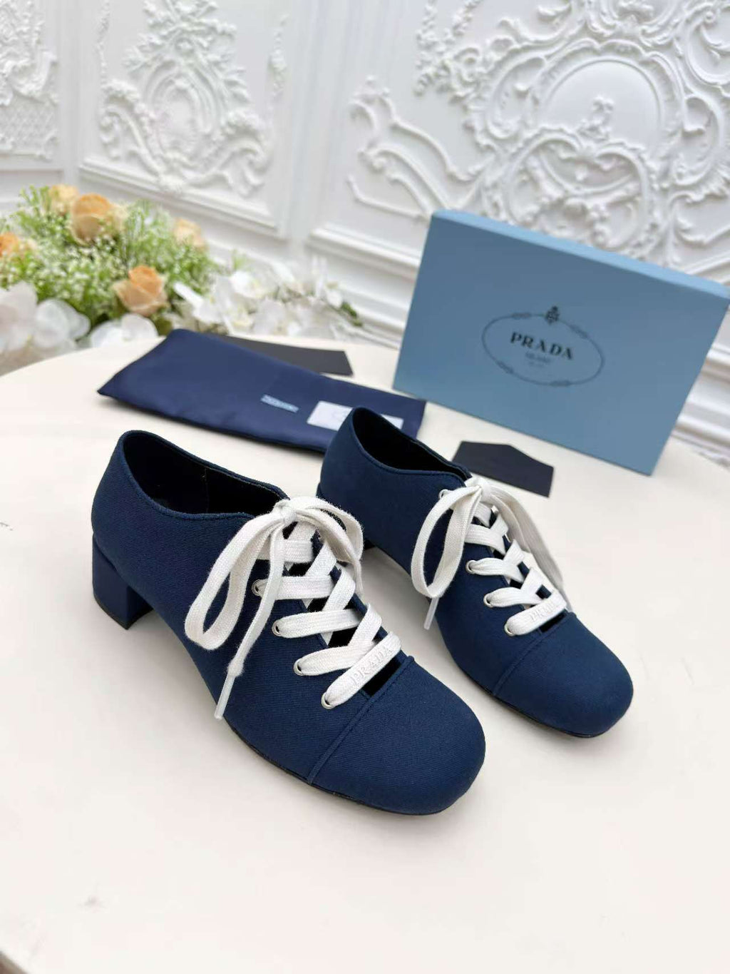 Prada 25 Mary Jane Shoes 55mm Dark Blue Fabric 564184