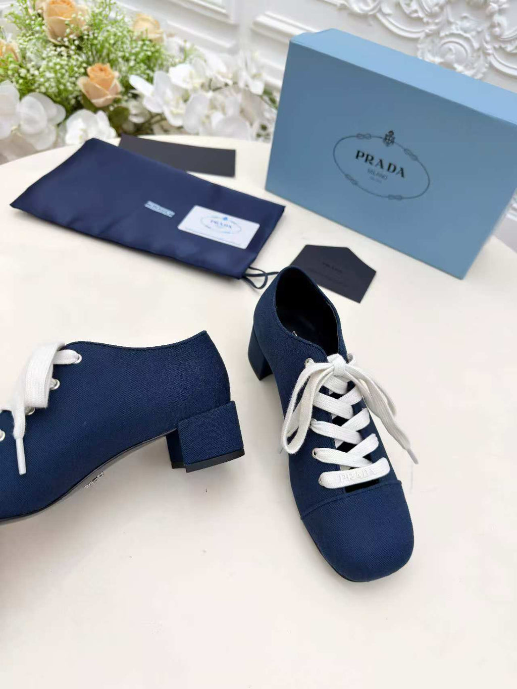 Prada 25 Mary Jane Shoes 55mm Dark Blue Fabric 564184