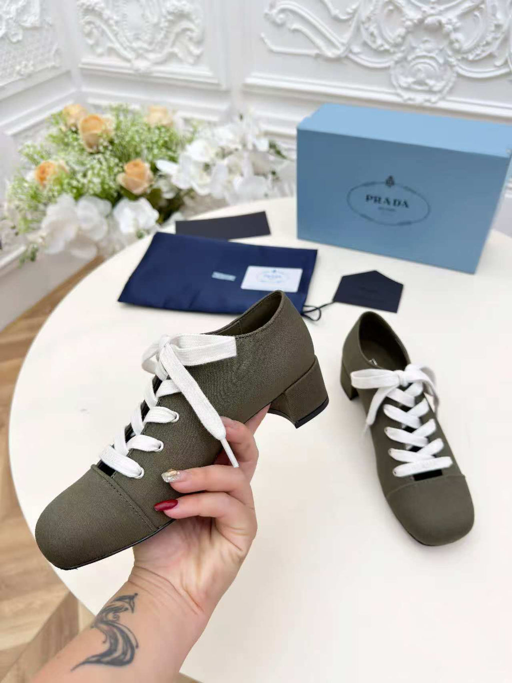 Prada 25 Mary Jane Shoes 55mm Dark Olive Fabric 564185