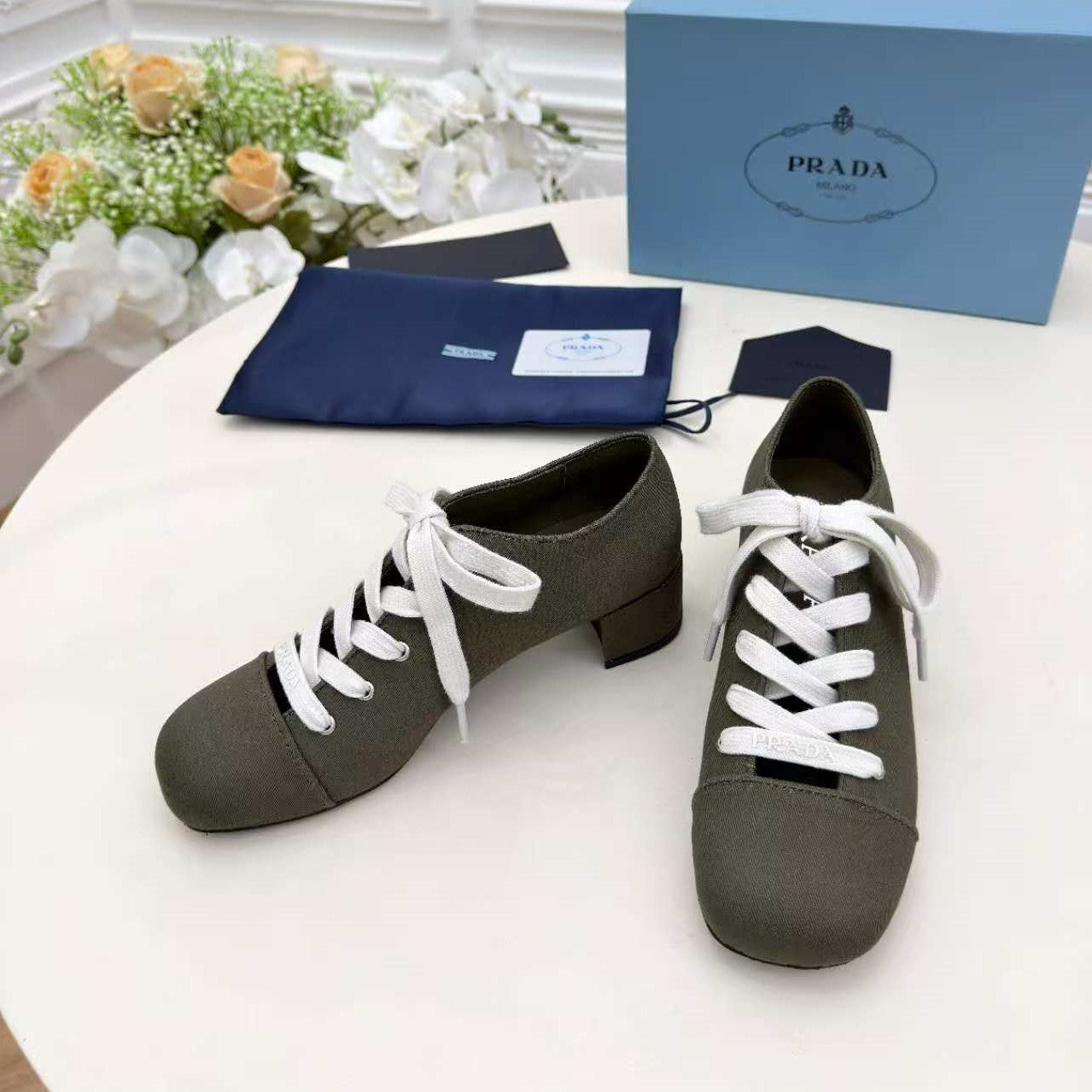 Prada 25 Mary Jane Shoes 55mm Dark Olive Fabric 564185