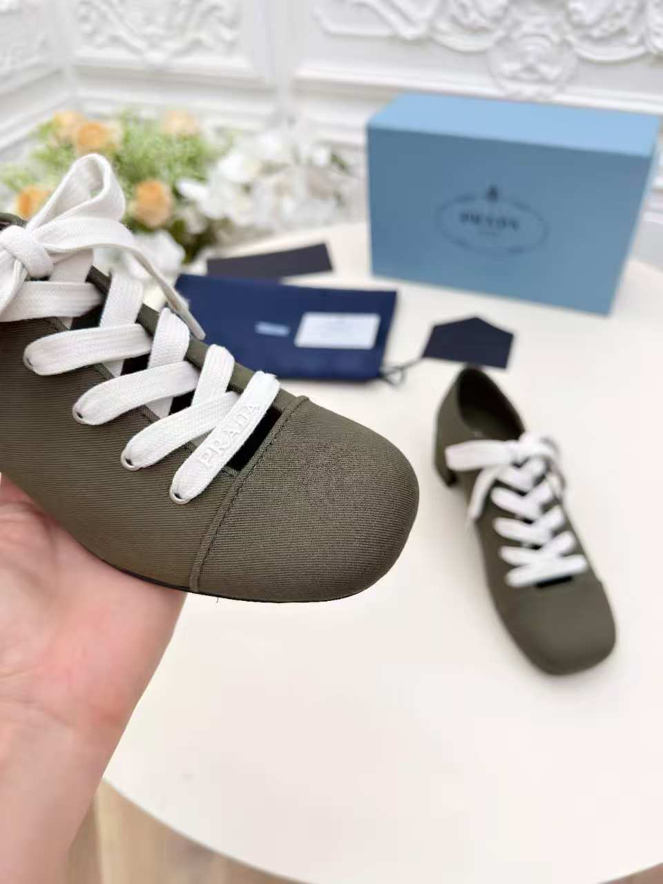 Prada 25 Mary Jane Shoes 55mm Dark Olive Fabric 564185