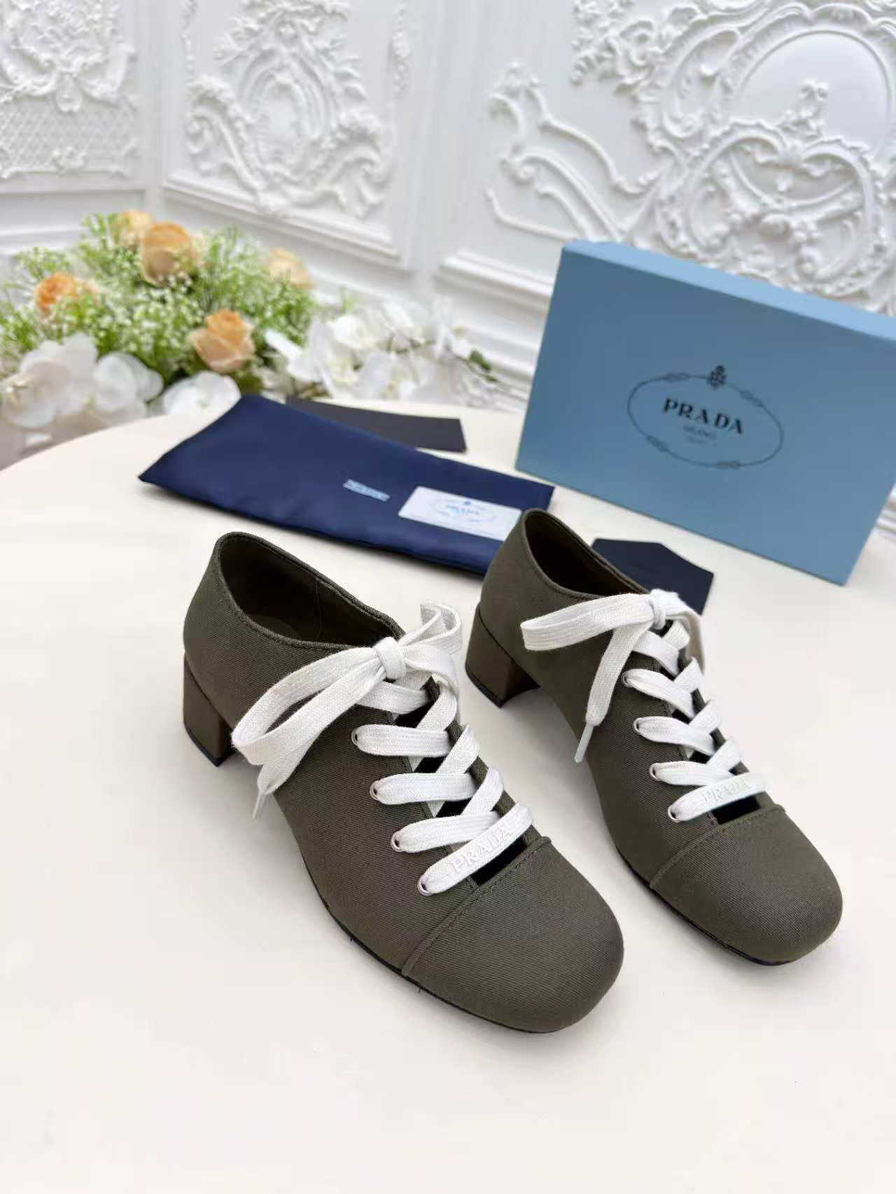 Prada 25 Mary Jane Shoes 55mm Dark Olive Fabric 564185