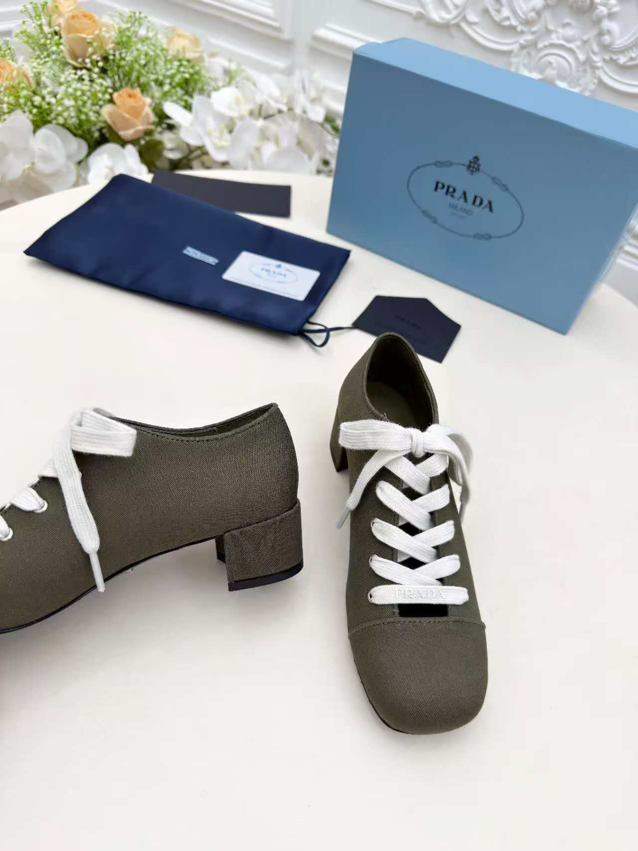 Prada 25 Mary Jane Shoes 55mm Dark Olive Fabric 564185