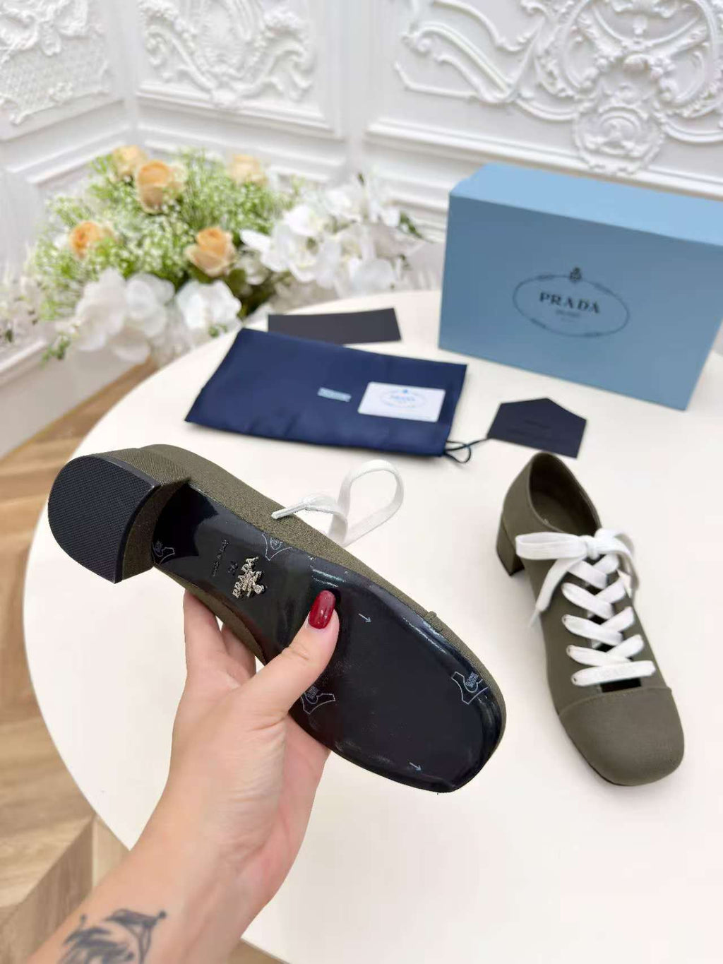 Prada 25 Mary Jane Shoes 55mm Dark Olive Fabric 564185