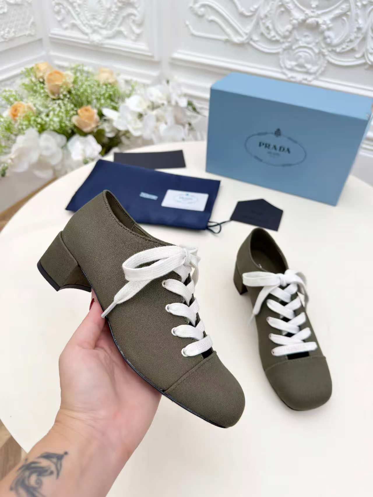 Prada 25 Mary Jane Shoes 55mm Dark Olive Fabric 564185