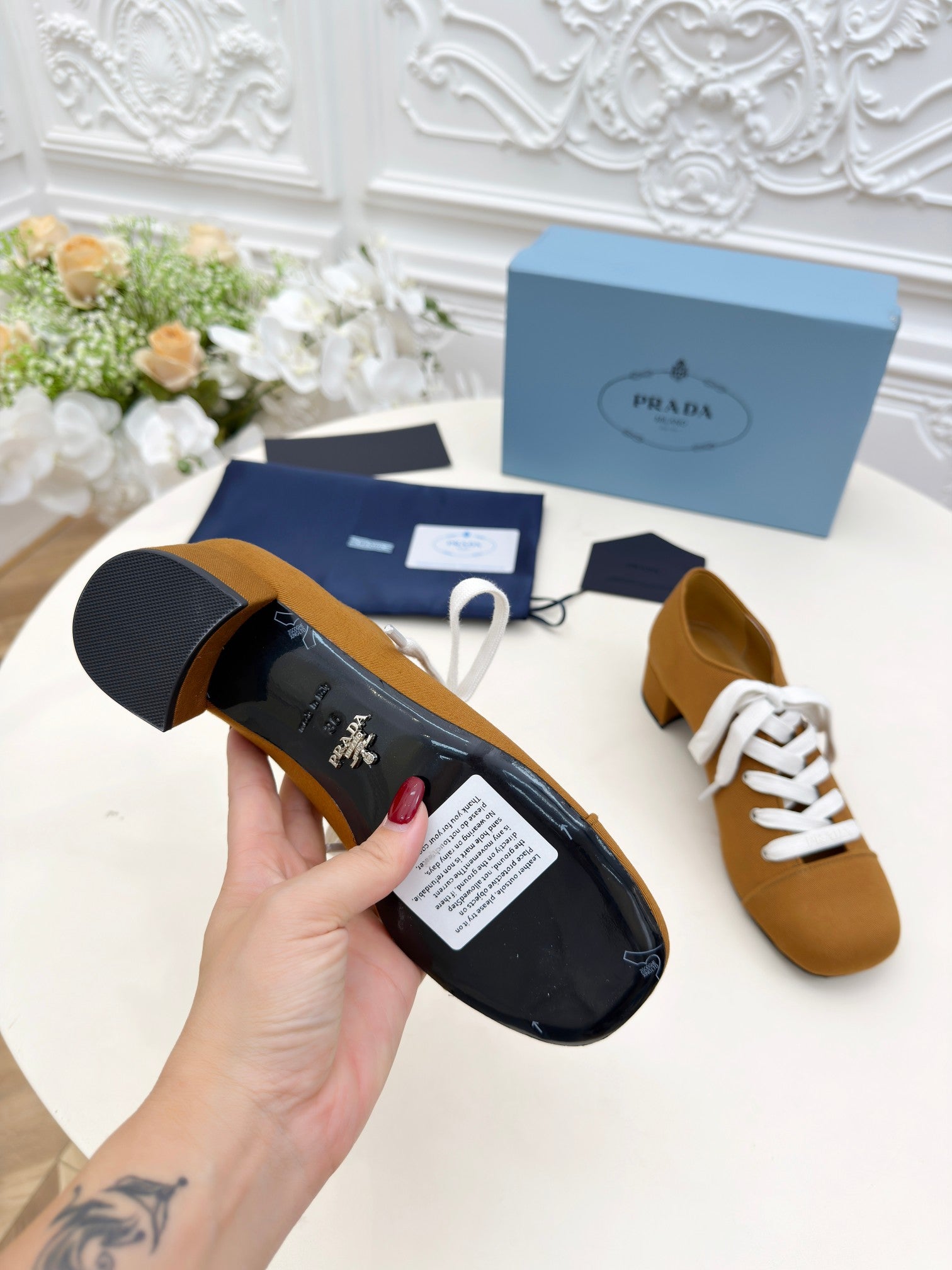 Prada 25 Mary Jane Shoes 55mm Chestnut Brown Fabric 564186