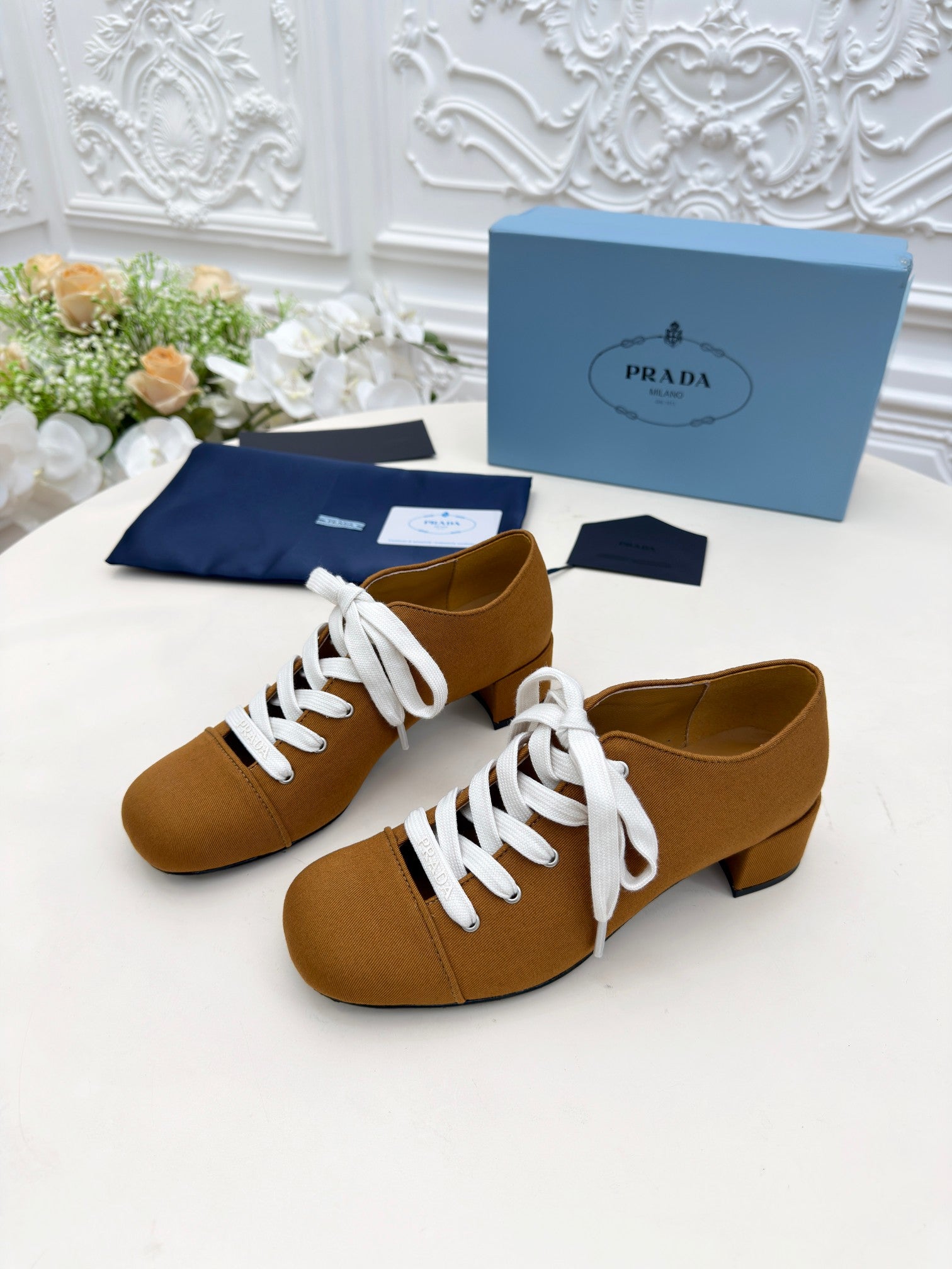 Prada 25 Mary Jane Shoes 55mm Chestnut Brown Fabric 564186