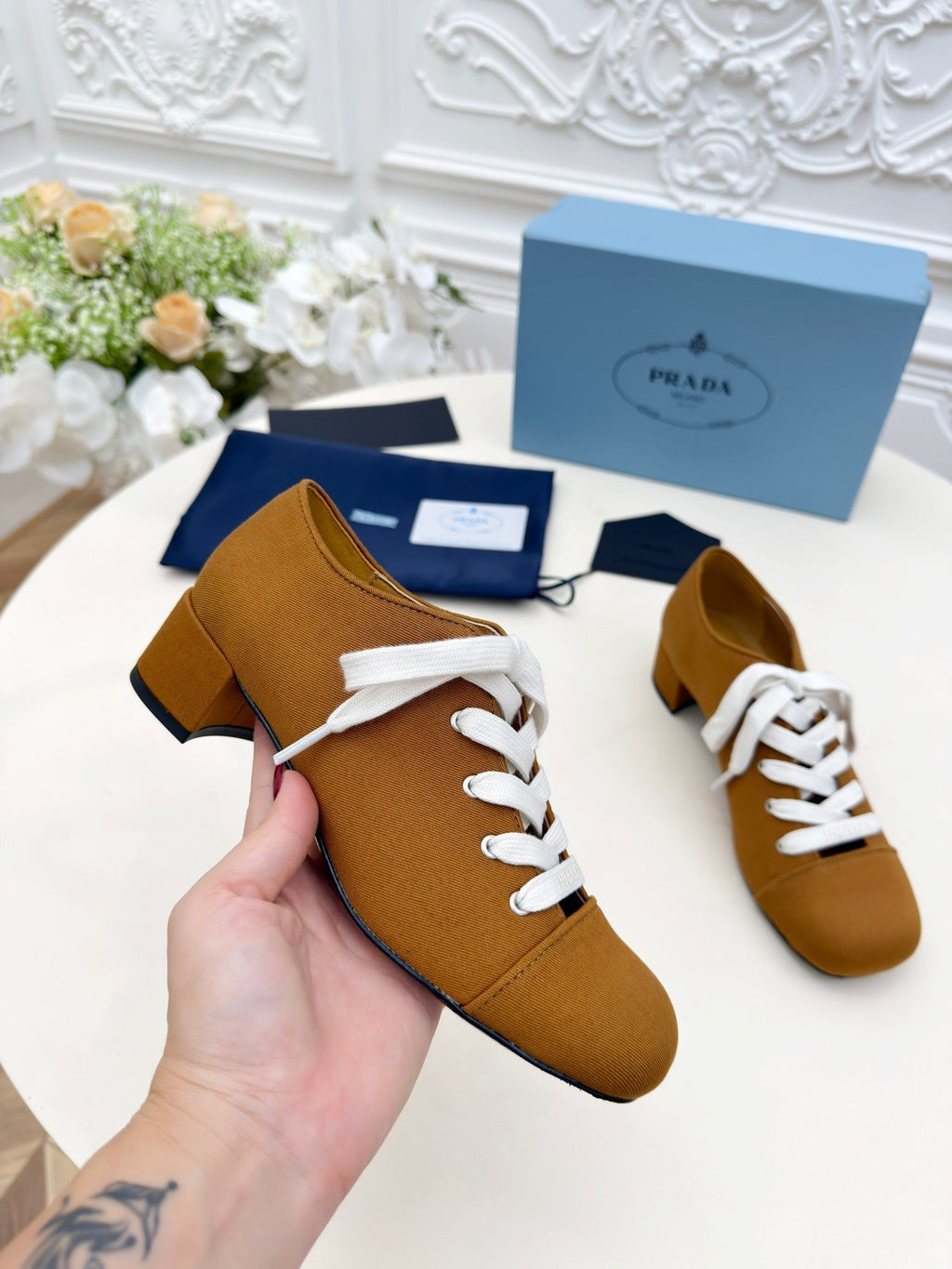 Prada 25 Mary Jane Shoes 55mm Chestnut Brown Fabric 564186