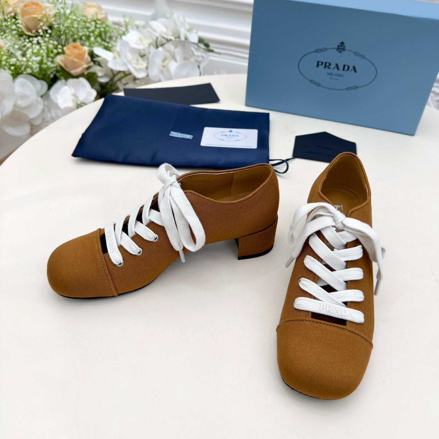 Prada 25 Mary Jane Shoes 55mm Chestnut Brown Fabric 564186