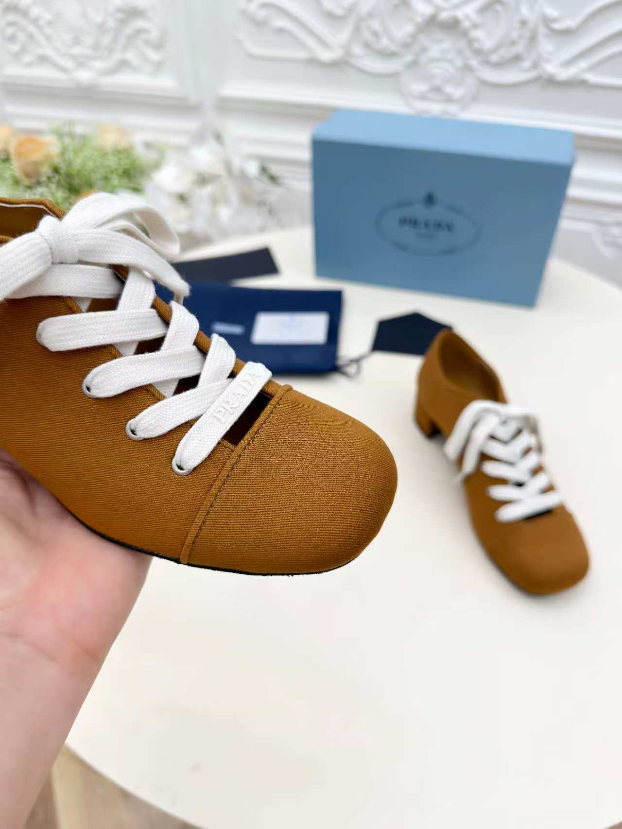 Prada 25 Mary Jane Shoes 55mm Chestnut Brown Fabric 564186