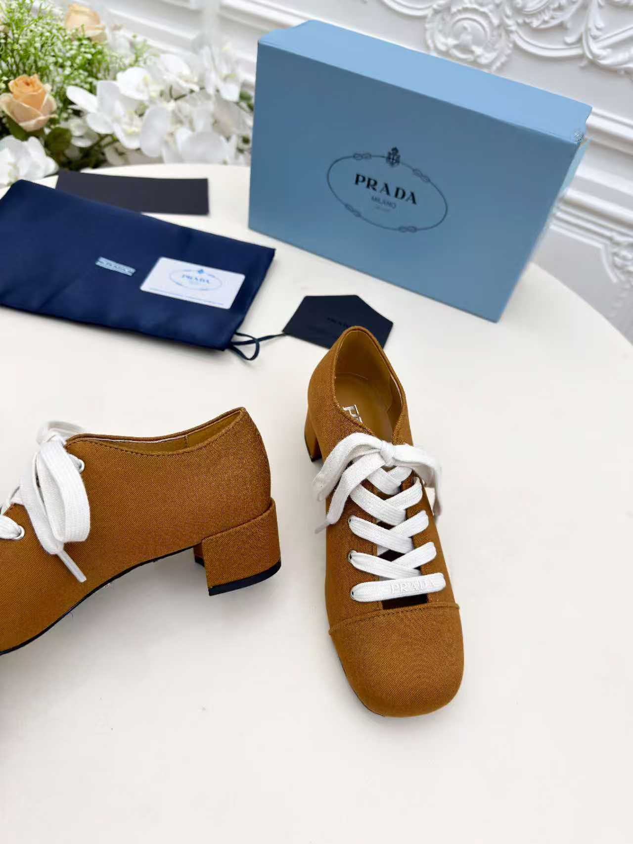 Prada 25 Mary Jane Shoes 55mm Chestnut Brown Fabric 564186