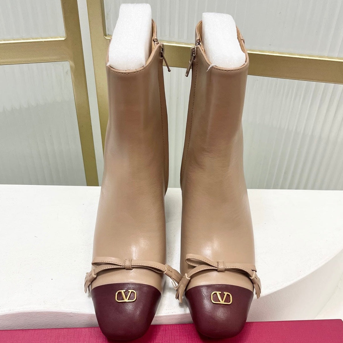 Valentino 2025 Bow Square Toe Zipper Ankle Boot Beige Burgundy Cowhide 549734