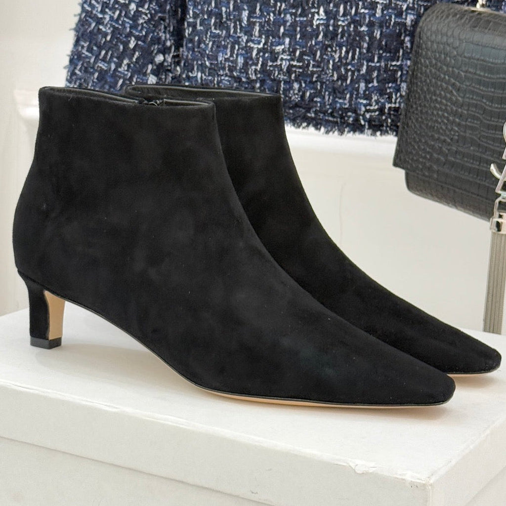 The Row 2025 Square Toe Kitten Heel Ankle Boot Black Suede 572051