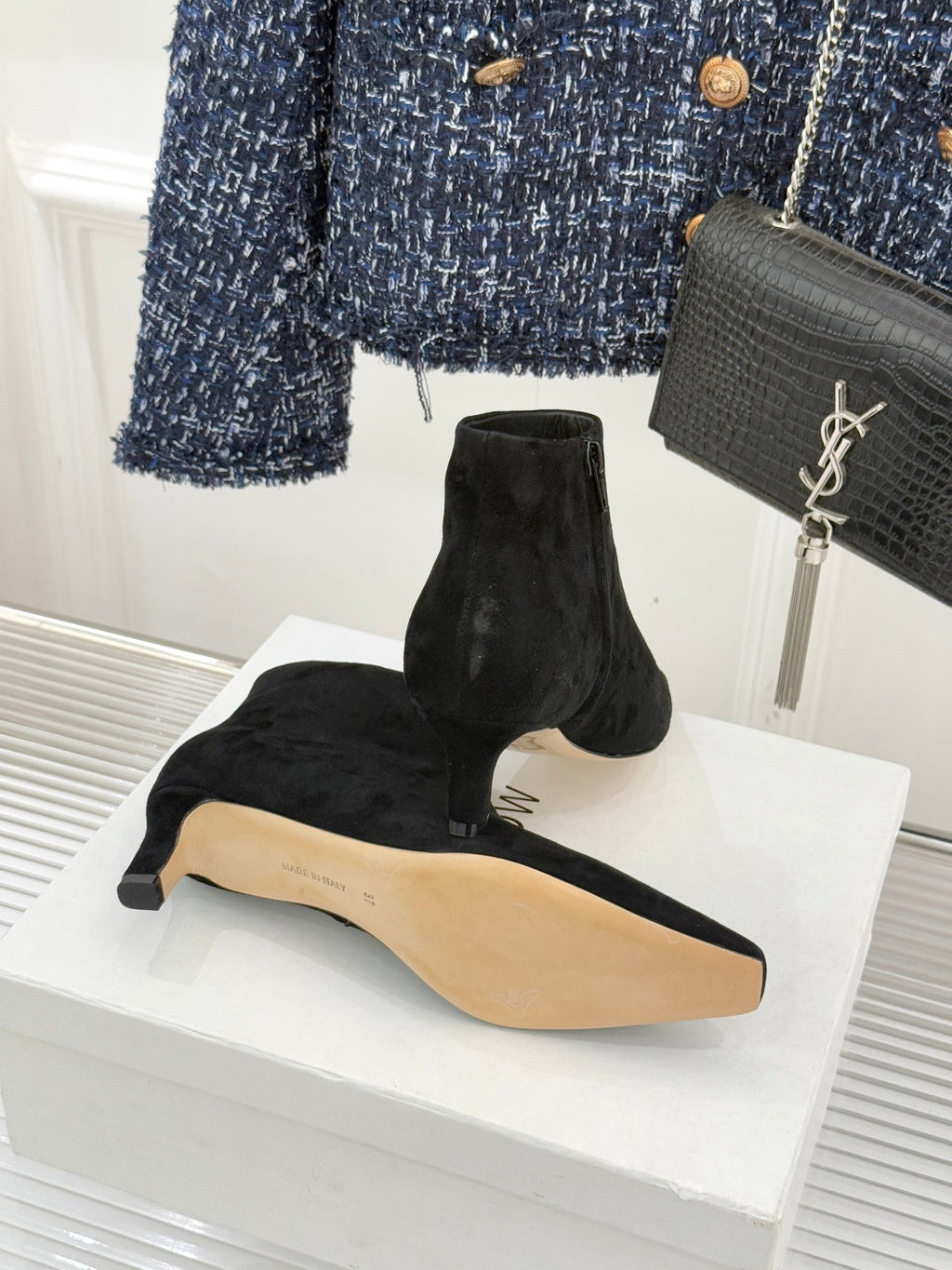 The Row 2025 Square Toe Kitten Heel Ankle Boot Black Suede 572051