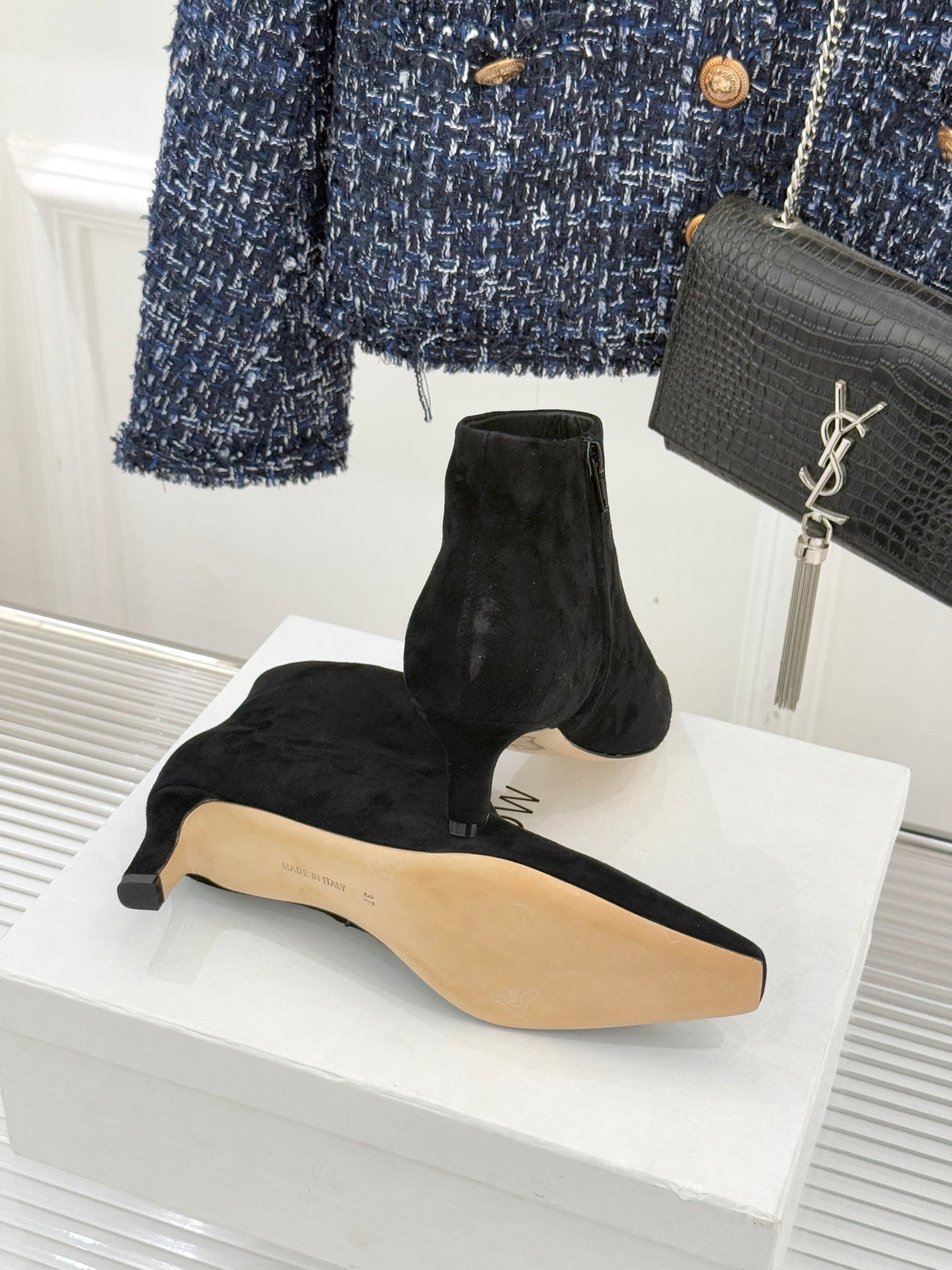 The Row 2025 Square Toe Kitten Heel Ankle Boot Black Suede 572051