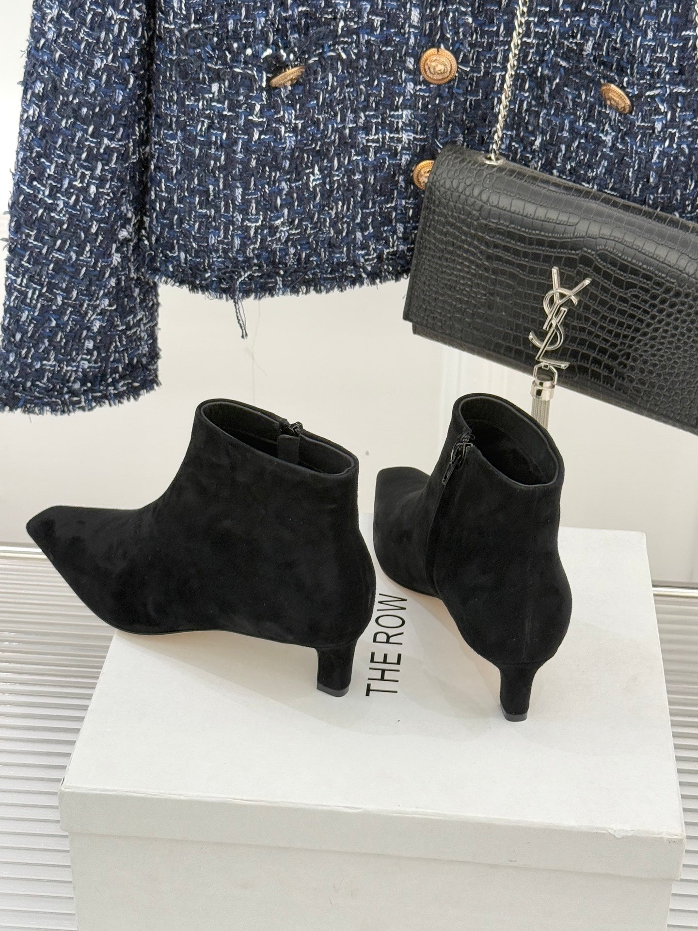 The Row 2025 Square Toe Kitten Heel Ankle Boot Black Suede 572051