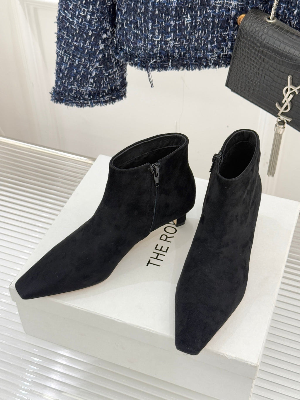 The Row 2025 Square Toe Kitten Heel Ankle Boot Black Suede 572051