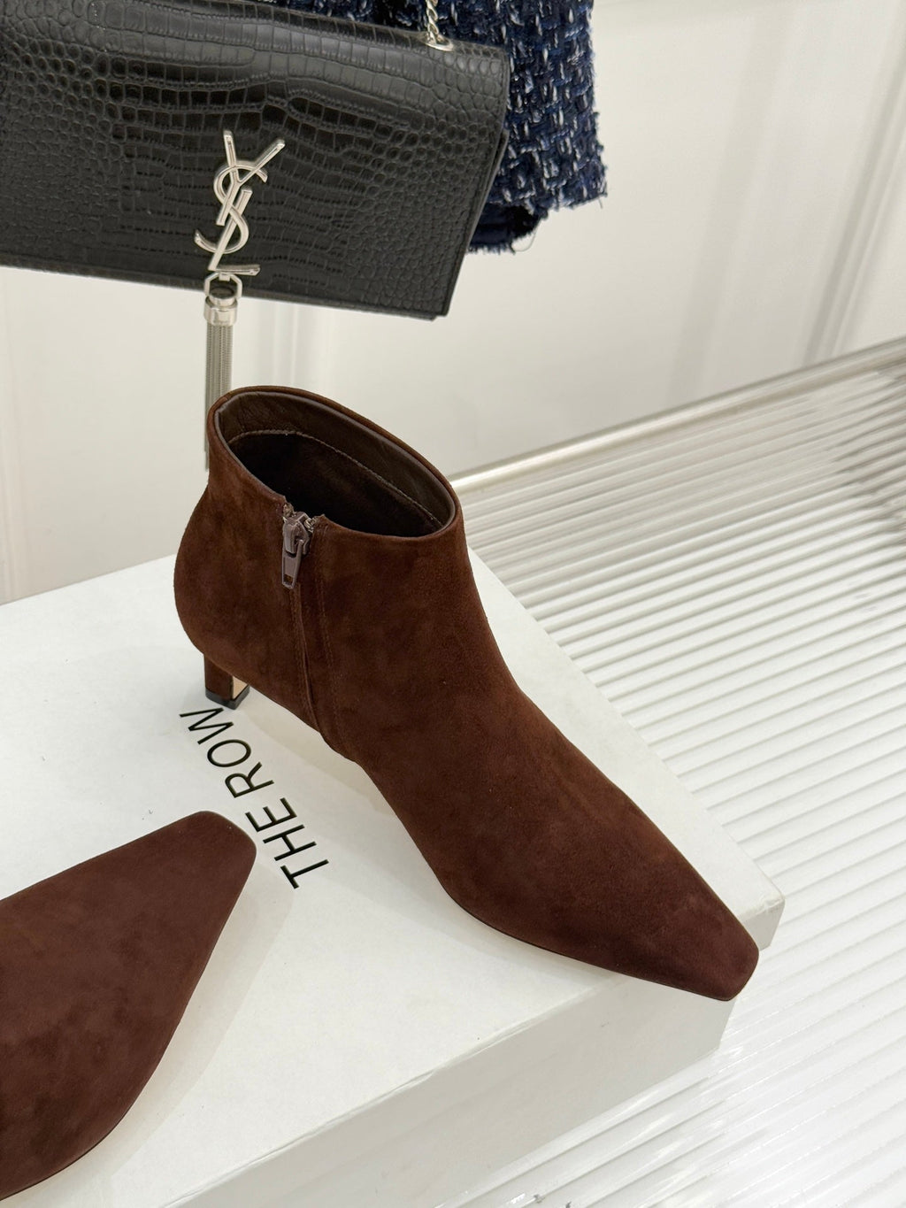 The Row 2025 Square Toe Kitten Heel Ankle Boot Brown Suede 572052