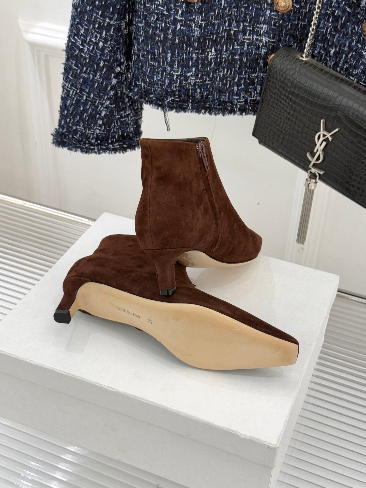 The Row 2025 Square Toe Kitten Heel Ankle Boot Brown Suede 572052