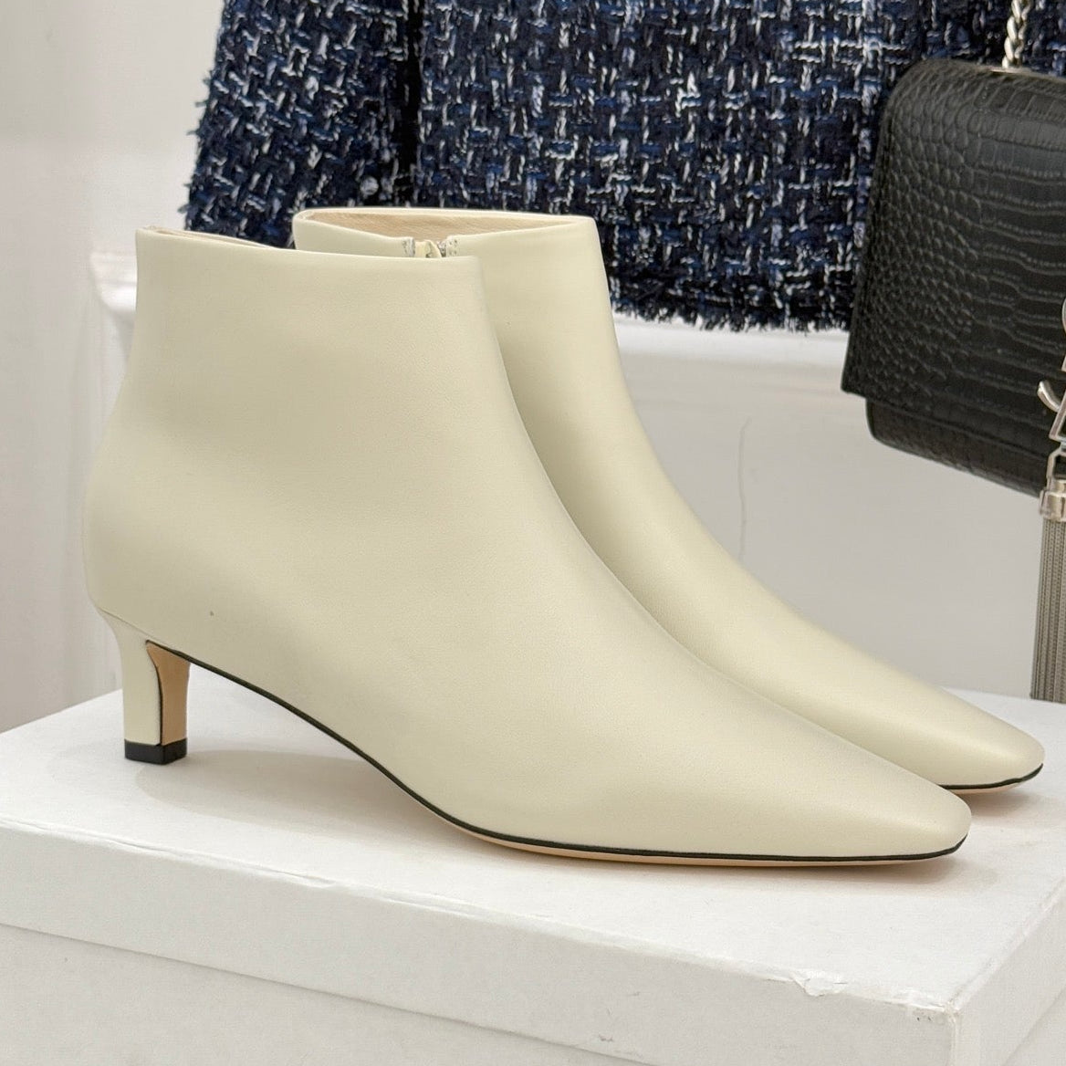 The Row 2025 Square Toe Kitten Heel Ankle Boot Cream Sheepskin 572053