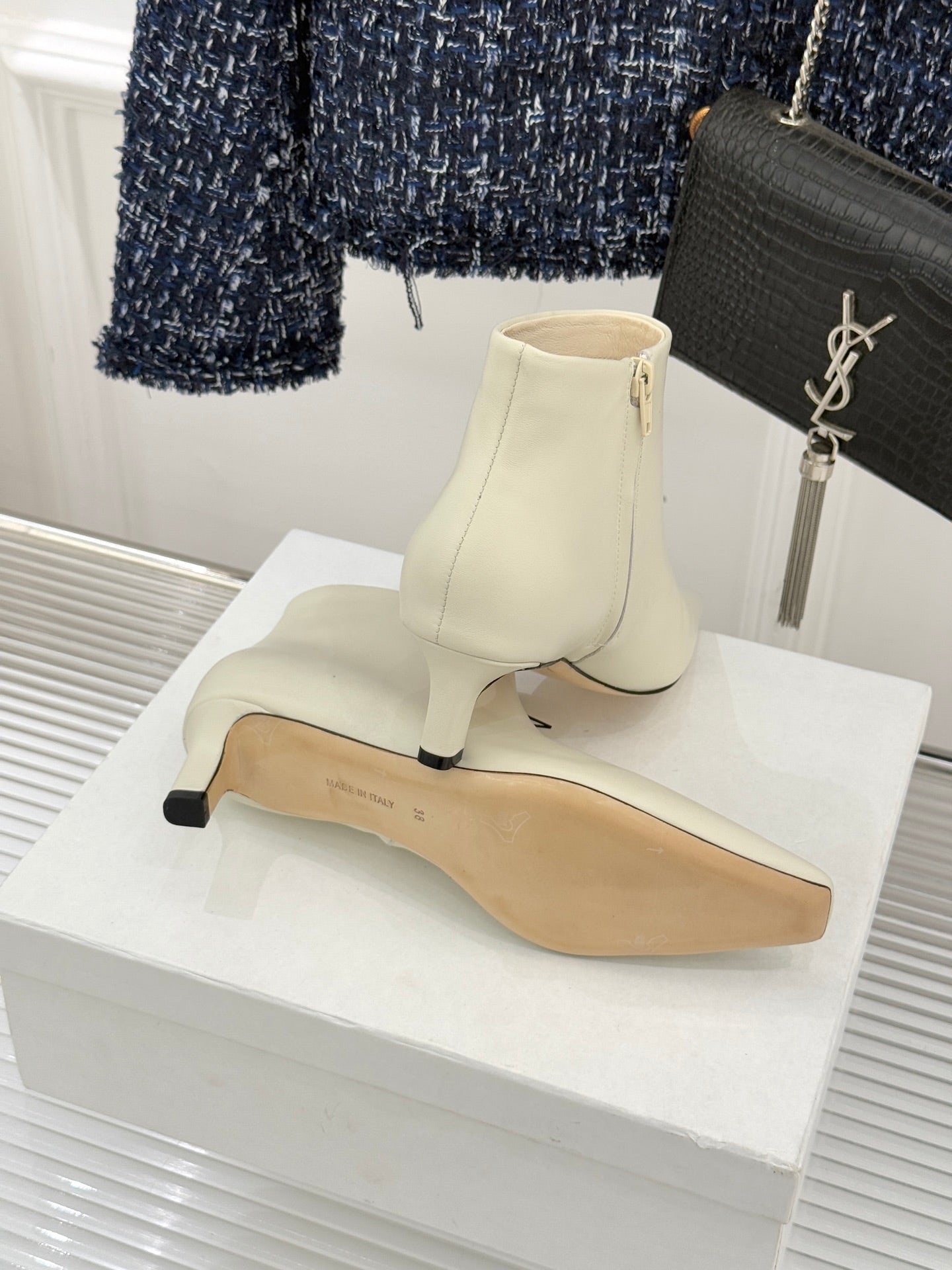 The Row 2025 Square Toe Kitten Heel Ankle Boot Cream Sheepskin 572053