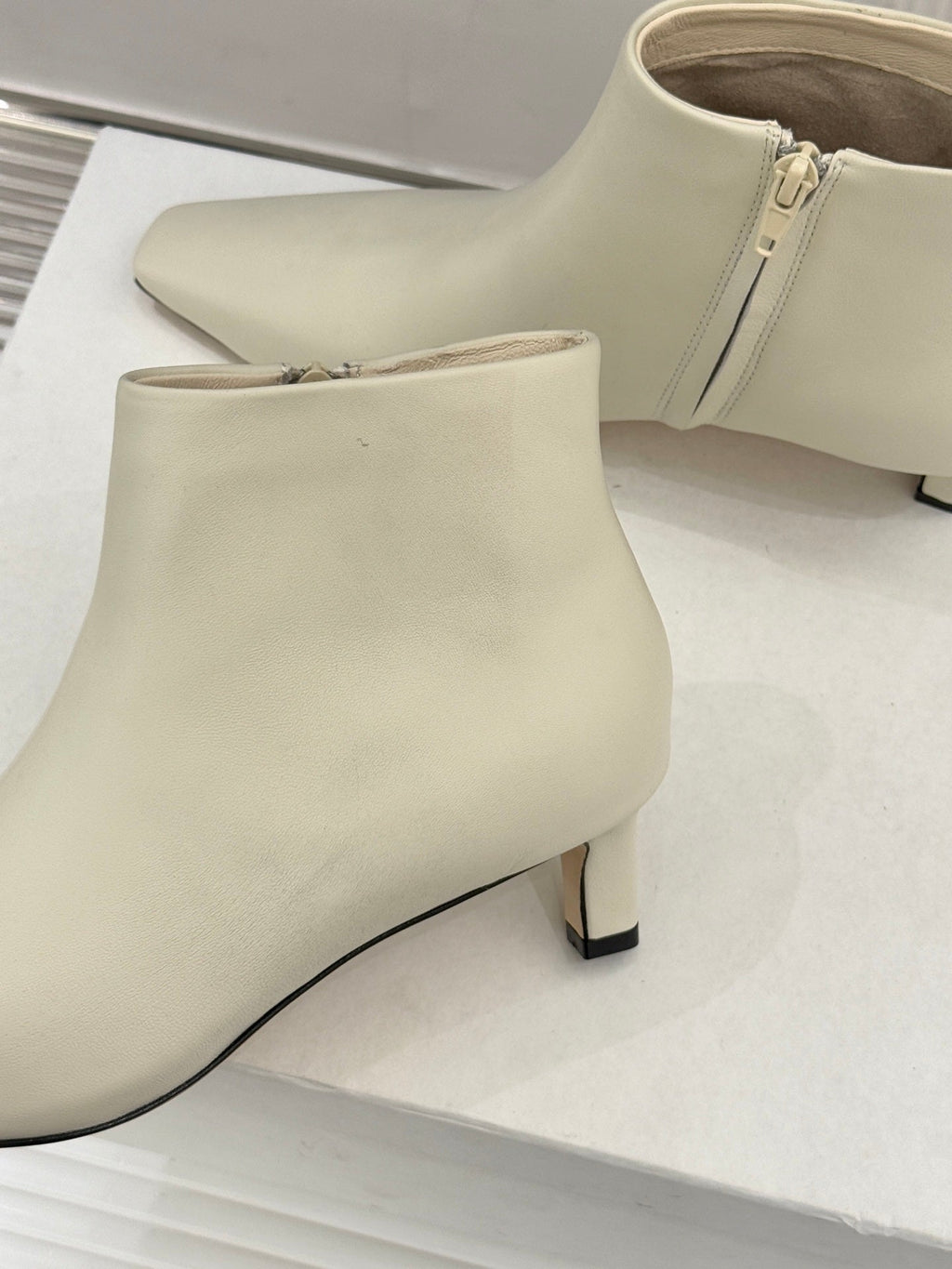 The Row 2025 Square Toe Kitten Heel Ankle Boot Cream Sheepskin 572053