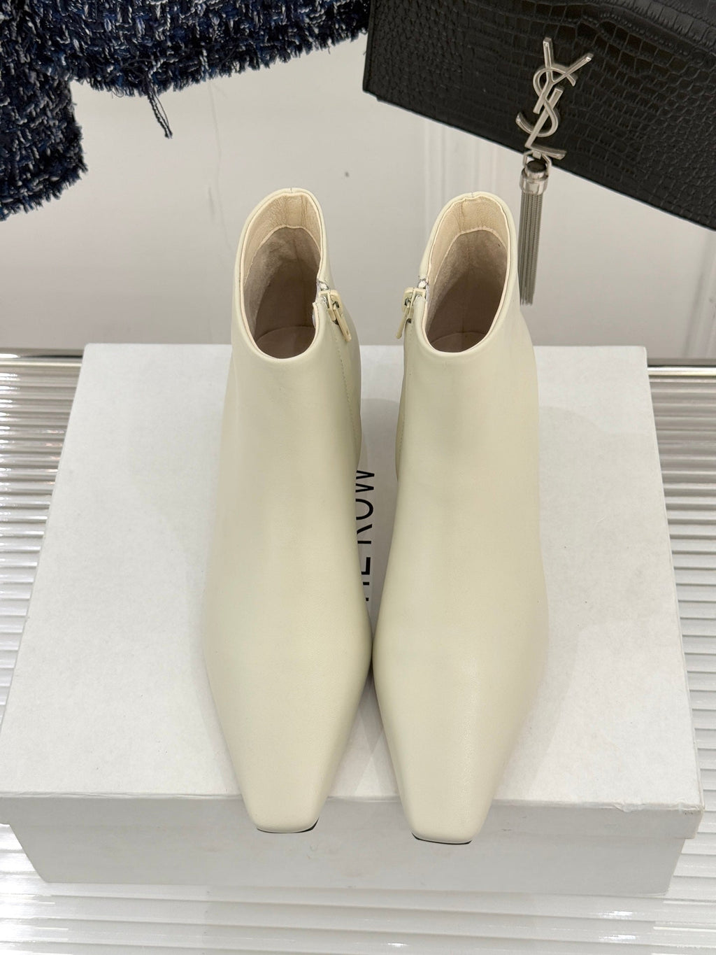 The Row 2025 Square Toe Kitten Heel Ankle Boot Cream Sheepskin 572053