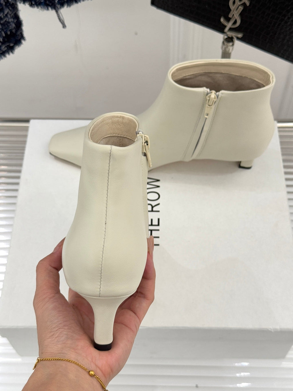 The Row 2025 Square Toe Kitten Heel Ankle Boot Cream Sheepskin 572053