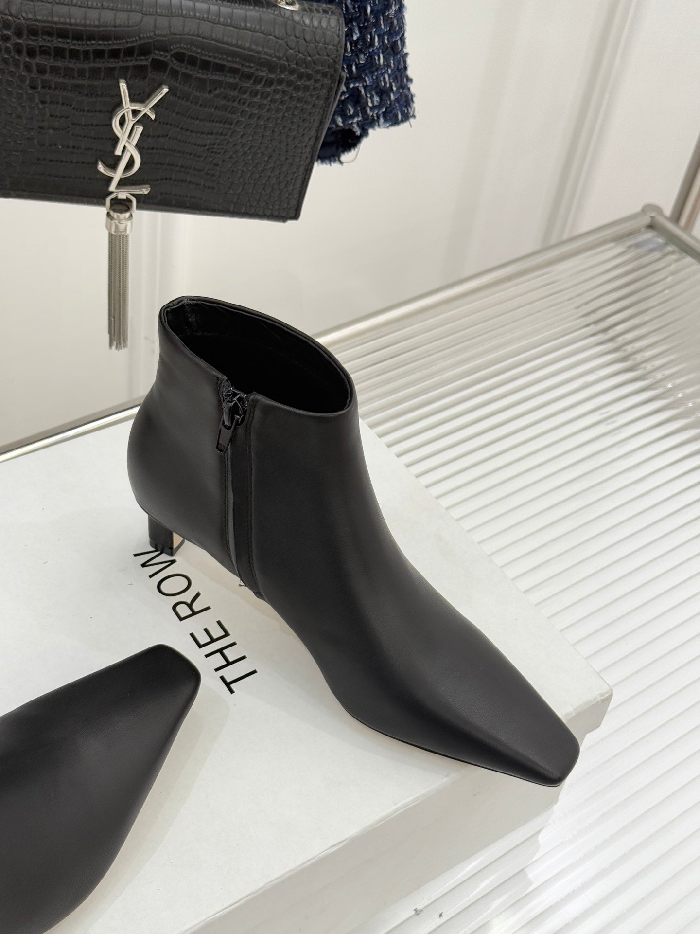 The Row 2025 Square Toe Kitten Heel Ankle Boot Black Sheepskin 572054