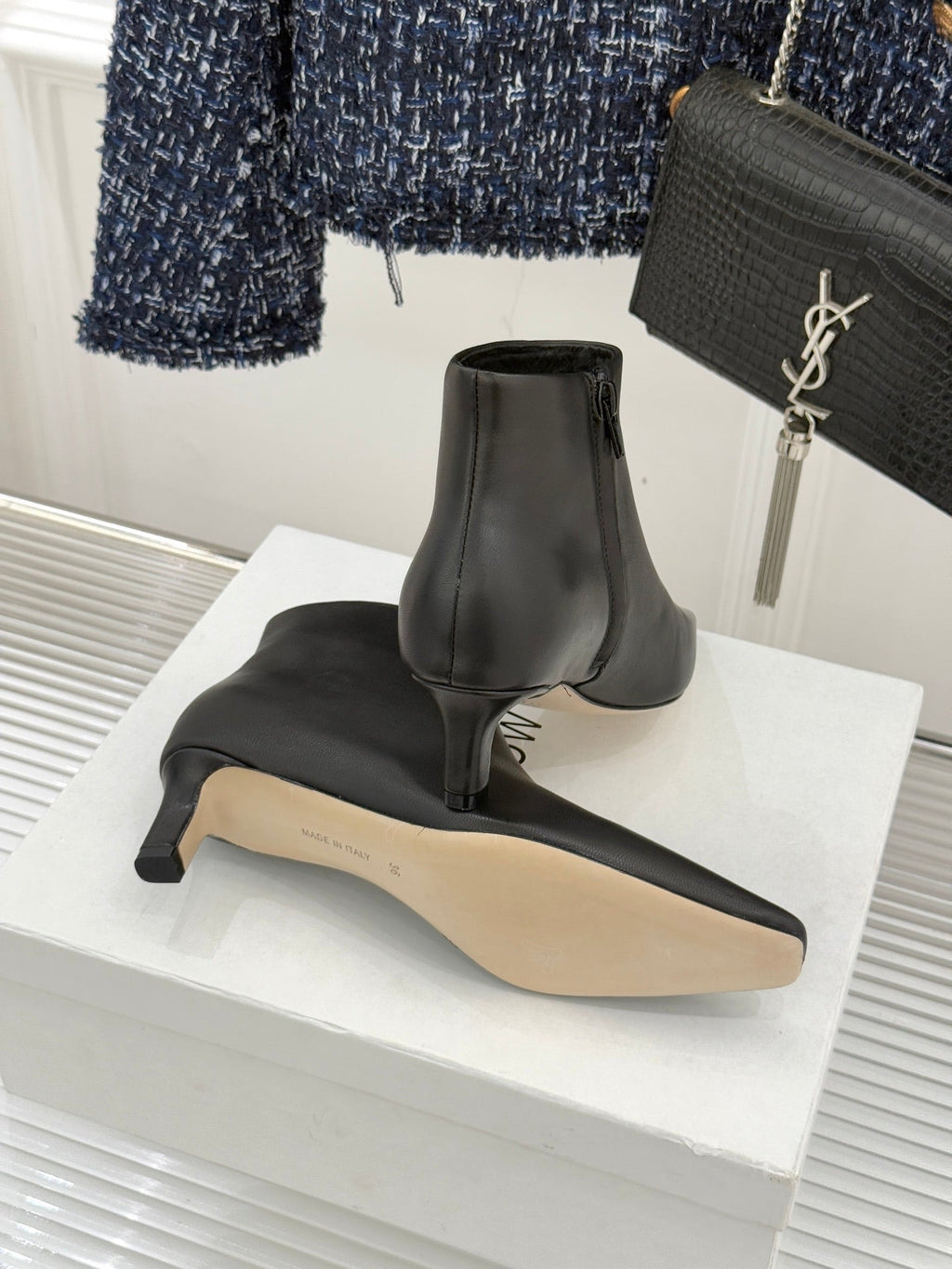 The Row 2025 Square Toe Kitten Heel Ankle Boot Black Sheepskin 572054