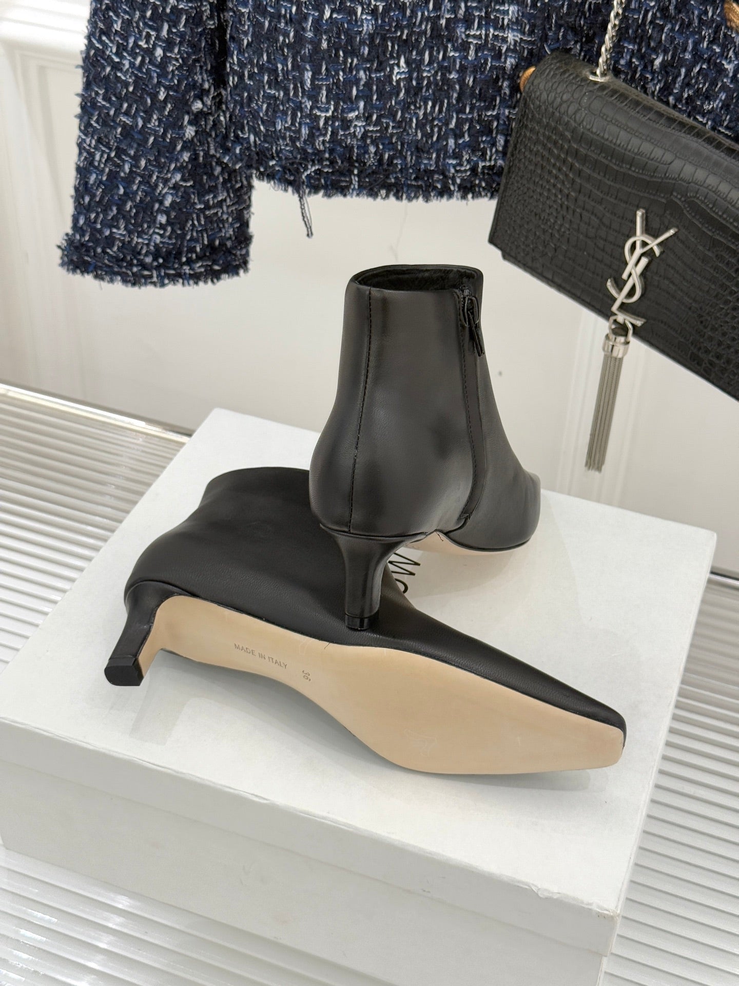 The Row 2025 Square Toe Kitten Heel Ankle Boot Black Sheepskin 572054