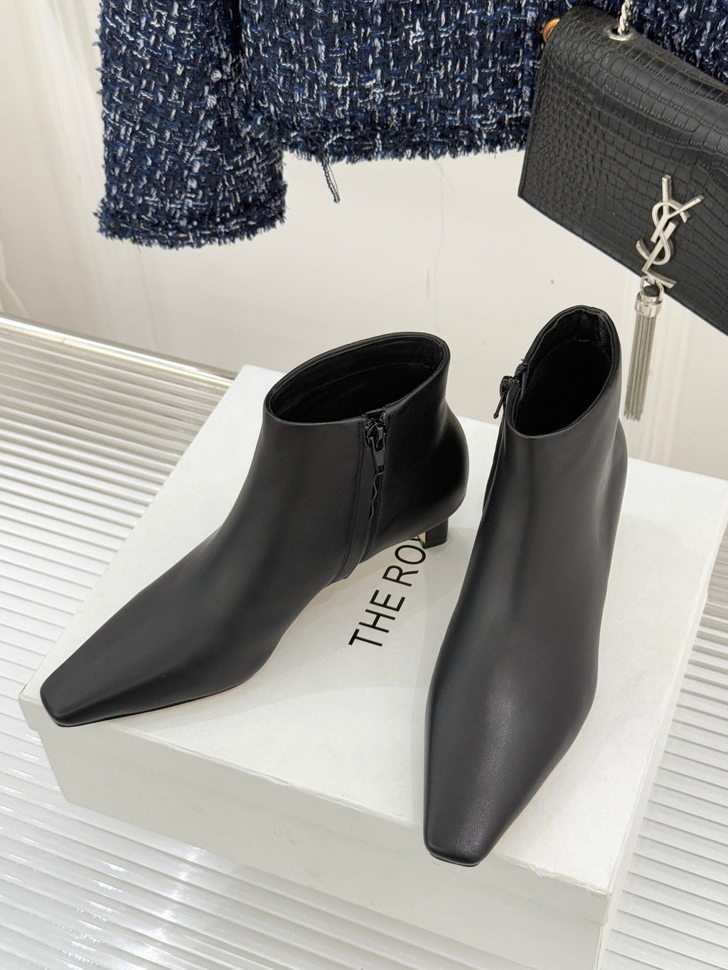 The Row 2025 Square Toe Kitten Heel Ankle Boot Black Sheepskin 572054