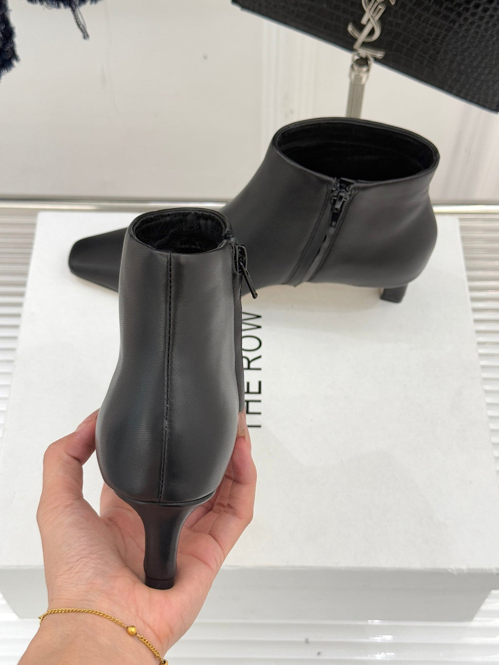 The Row 2025 Square Toe Kitten Heel Ankle Boot Black Sheepskin 572054