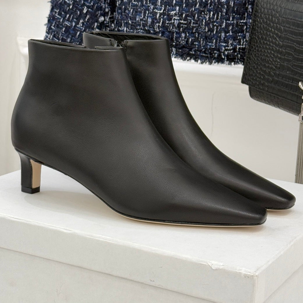 The Row 2025 Square Toe Kitten Heel Ankle Boot Black Sheepskin 572054