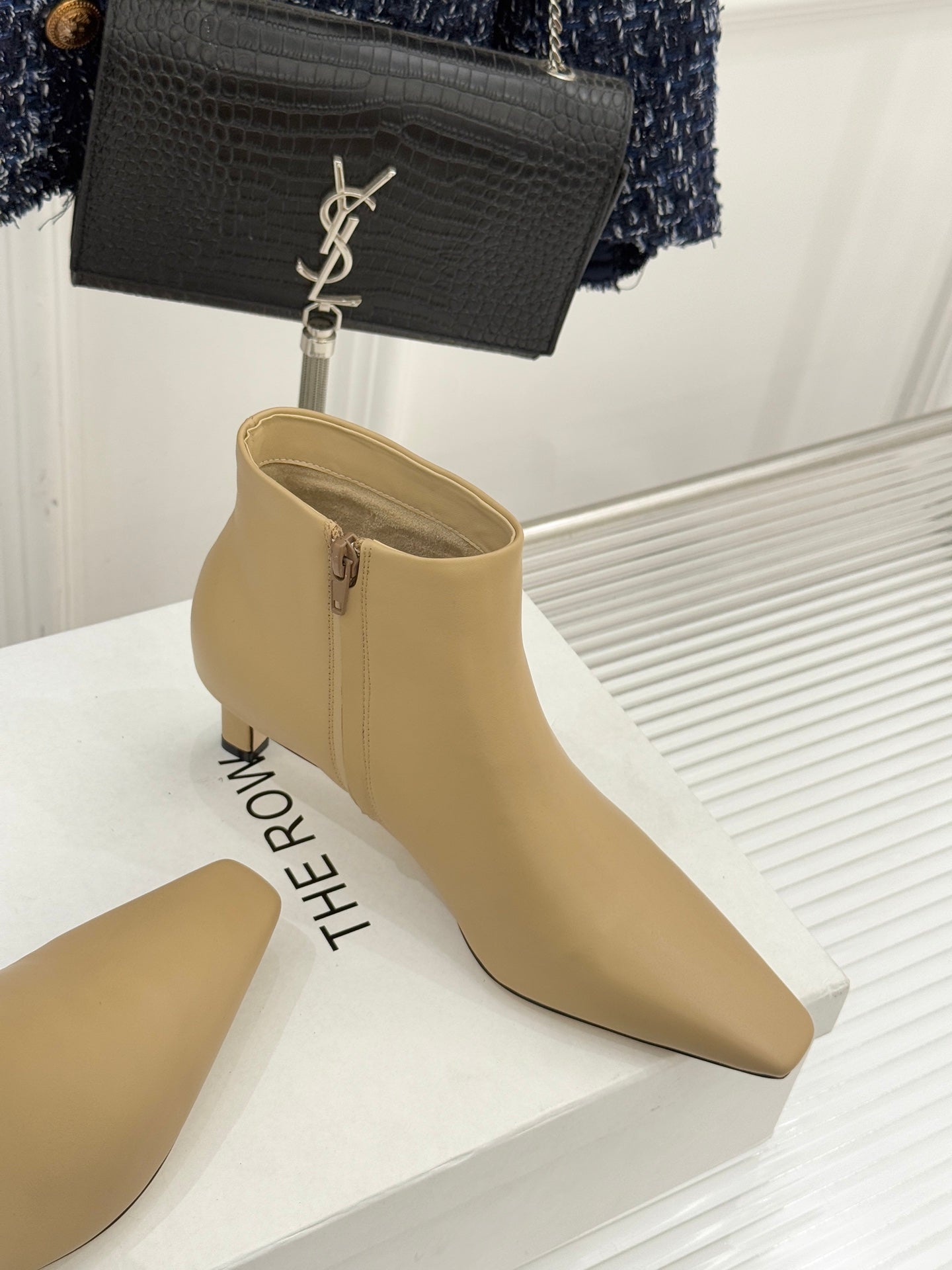 The Row 2025 Square Toe Kitten Heel Ankle Boot Beige Sheepskin 572047