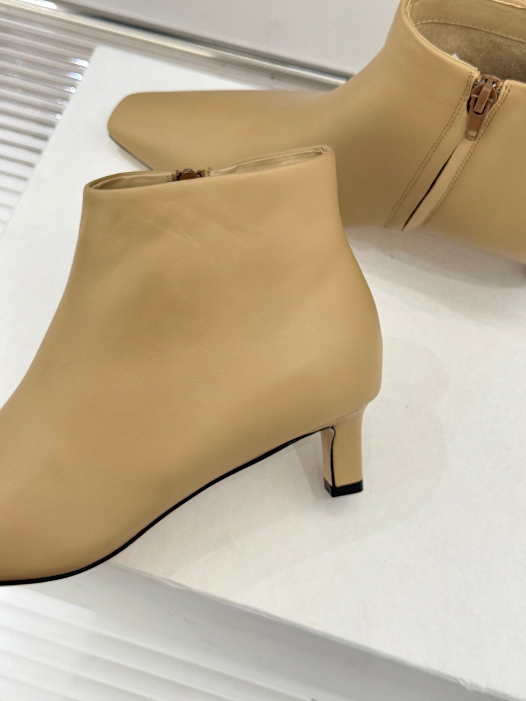 The Row 2025 Square Toe Kitten Heel Ankle Boot Beige Sheepskin 572047