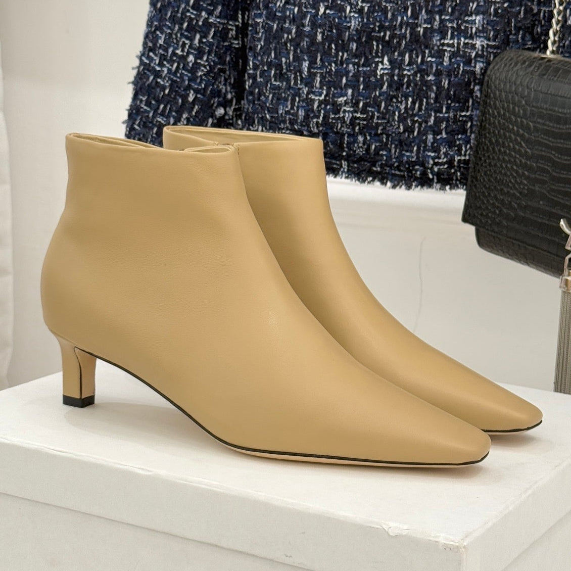 The Row 2025 Square Toe Kitten Heel Ankle Boot Beige Sheepskin 572047