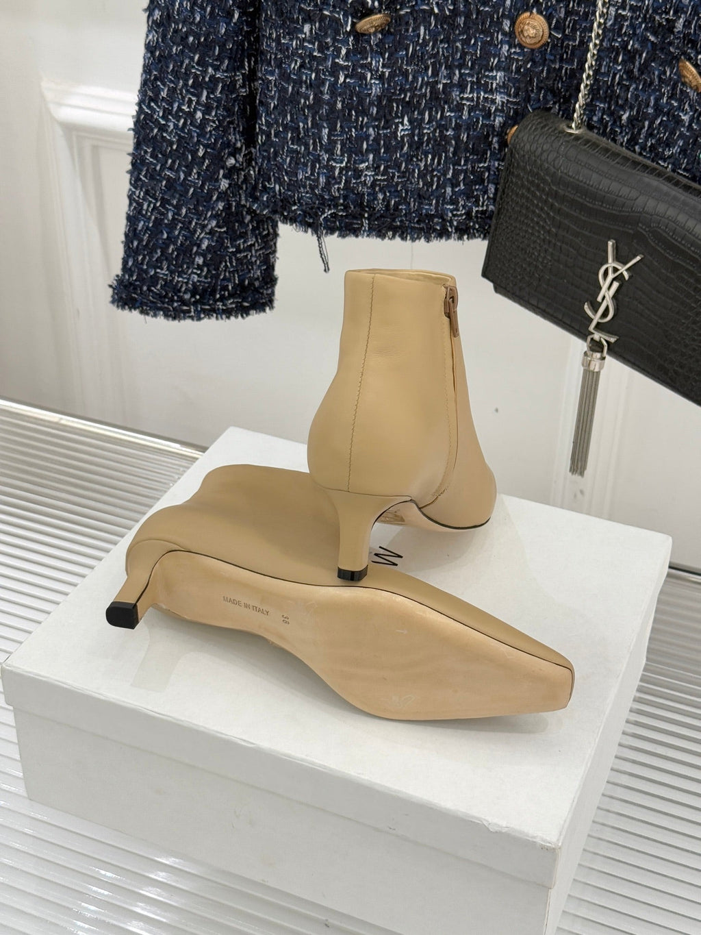 The Row 2025 Square Toe Kitten Heel Ankle Boot Beige Sheepskin 572047