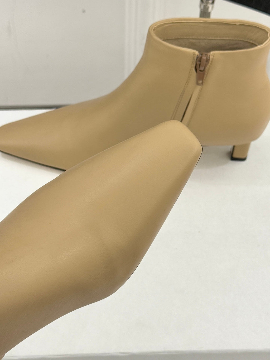 The Row 2025 Square Toe Kitten Heel Ankle Boot Beige Sheepskin 572047