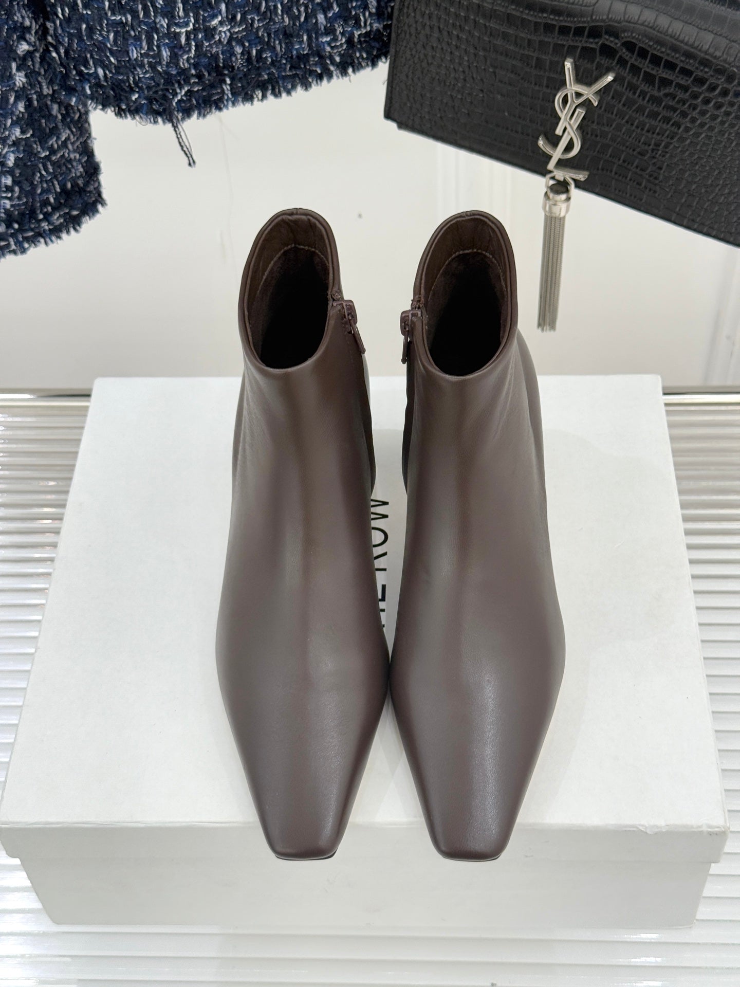 TThe Row 2025 Square Toe Kitten Heel Ankle Boot Dark Brown Sheepskin 572048