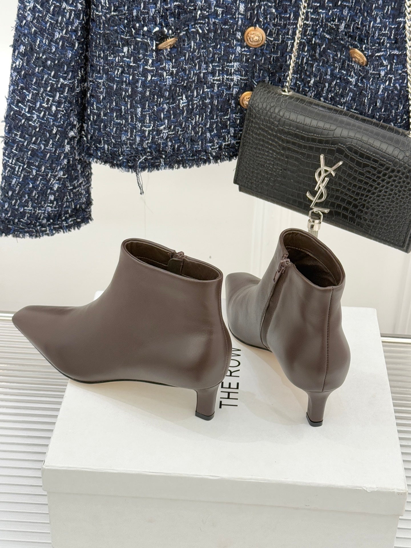 TThe Row 2025 Square Toe Kitten Heel Ankle Boot Dark Brown Sheepskin 572048