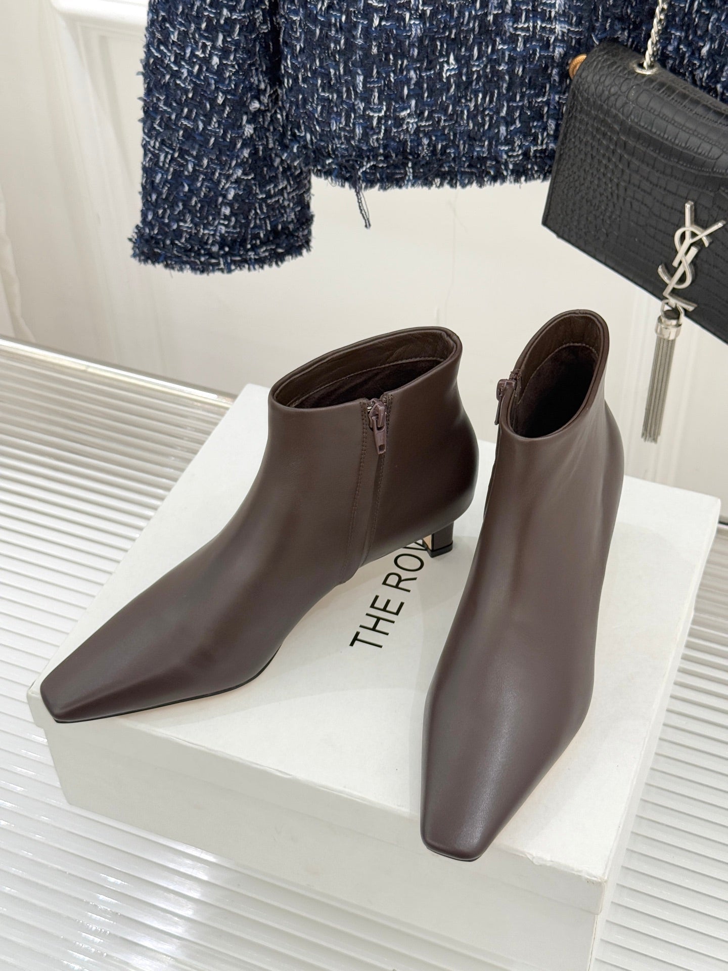 TThe Row 2025 Square Toe Kitten Heel Ankle Boot Dark Brown Sheepskin 572048