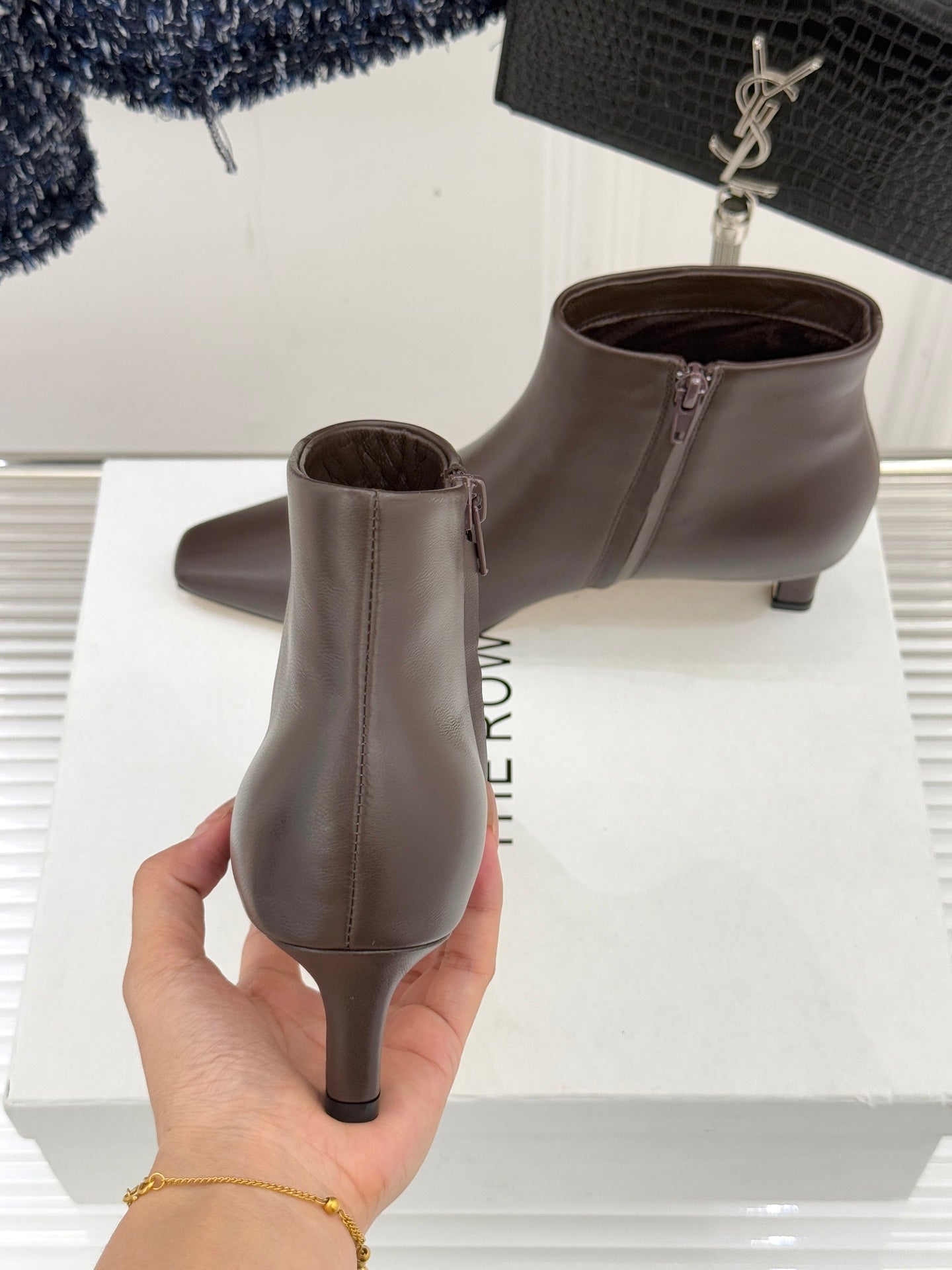 TThe Row 2025 Square Toe Kitten Heel Ankle Boot Dark Brown Sheepskin 572048