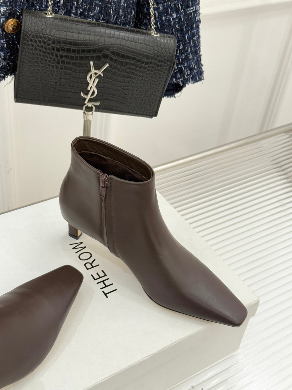 TThe Row 2025 Square Toe Kitten Heel Ankle Boot Dark Brown Sheepskin 572048