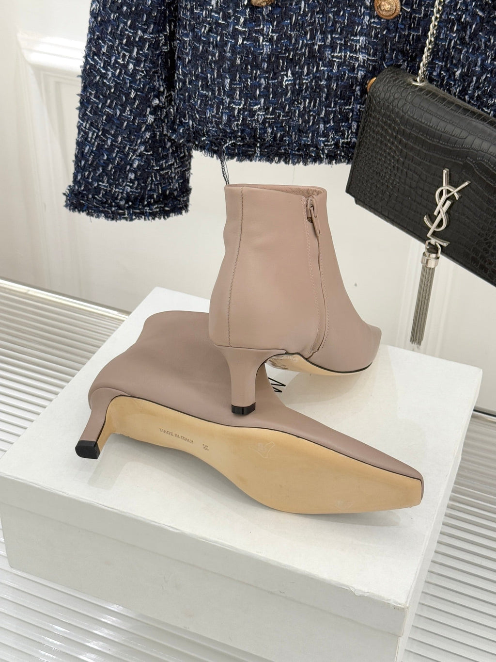 The Row 2025 Square Toe Kitten Heel Ankle Boot Nude Sheepskin 572049