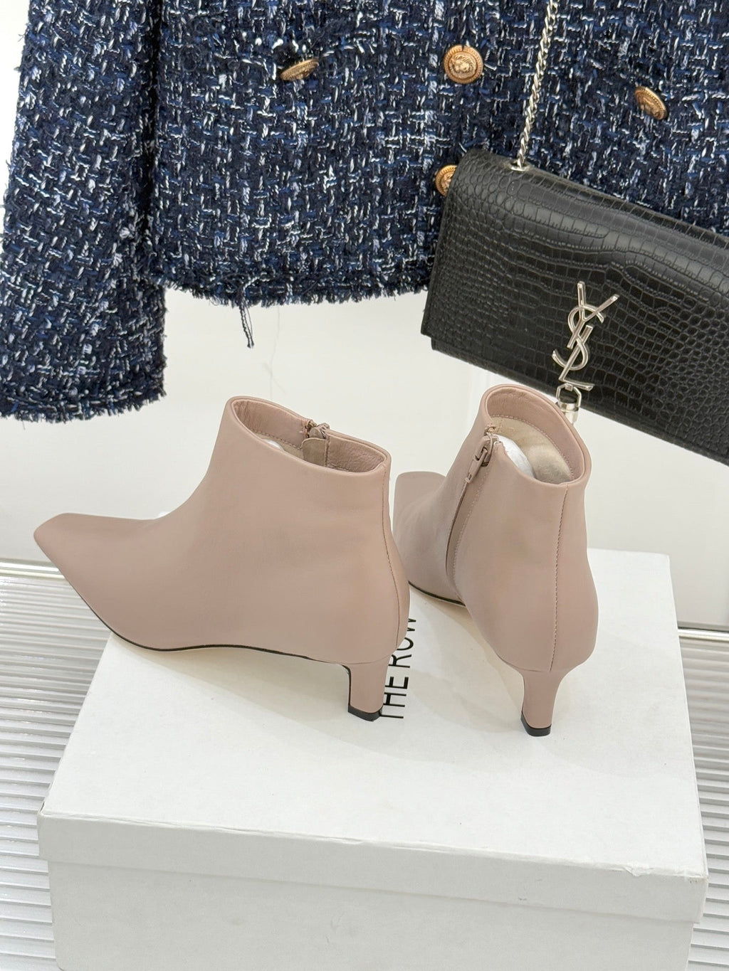 The Row 2025 Square Toe Kitten Heel Ankle Boot Nude Sheepskin 572049